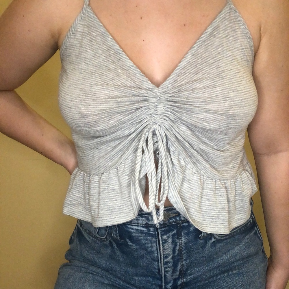 Striped Drawstring Ruffle Tank Top
